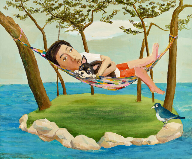 최석운, 앞끝섬의 휴식, 2024, Acrylic on canvas, 60.6×72.7cm [사진 제공 갤러리마리]