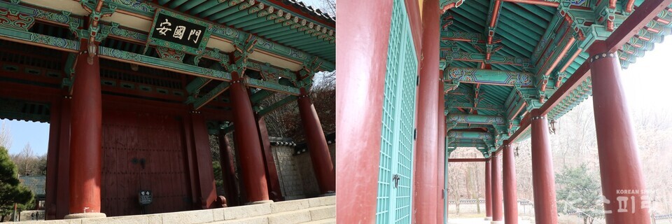 외삼문인 안국문 기둥(왼쪽)과  사당인 안국사 기둥. 사진 강나리 기자.
