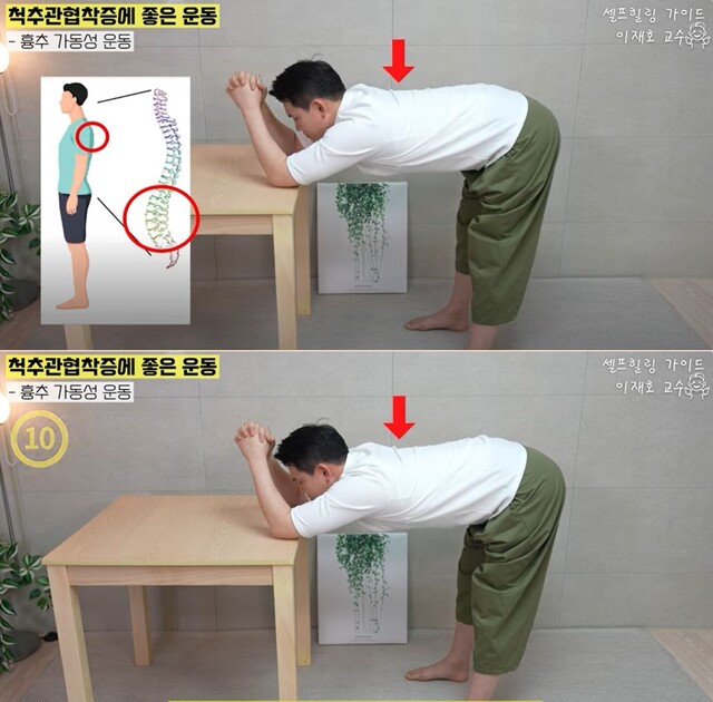 흉추가동성 운동 동작 2 가슴을 아래쪽으로 5회 눌러주고 마지막 동작에서 10초가 버텨준다. 사진 일지의 브레인TV