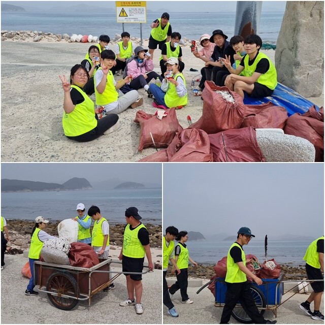 이날 학생들은 비진도 해안가에서 15포대 3수레 분량의 쓰레기를 수거했다. 사진 벤자민인성영재학교.