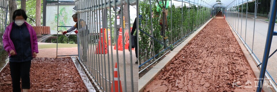 안산황톳길 관리실에서 시민들이 걷기 편하게 황톳길을 정비한다. 사진 강나리 기자.