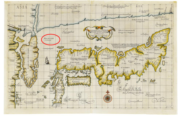 동북아역사재단 독도체험관 기획전시 '6월의 고지도'로 공개된 17세기 중반 로버트 더들리의 '아시아의 해도'. 붉은 원 표시 안에 '한국해'표기. 사진 동북아역사재단.