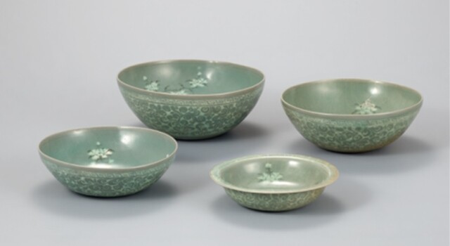 청자 상감 모란무늬 발우와 접시. 이미지 국립제주박물관.