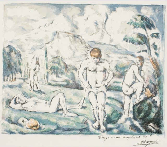 폴 세잔, 목욕하는 사람들, 1898,  다색 석판화,  42.5 x 64.5 cm, 소장 Johannesburg Art Gallery, Johannesburg. 이미지 (재)부산문화회관