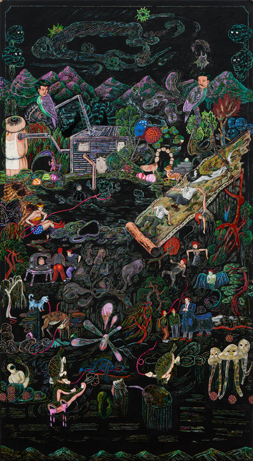 Location of God-Hordes of people 6, 2022, Acrylic, Mother of pearl on wood, 55×100 cm. 이미지 금산갤러리