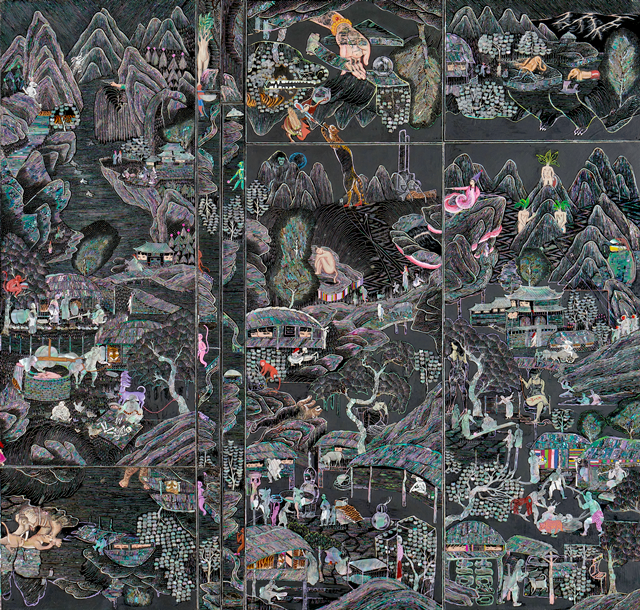 Locations of God 1, 2021, Acrylic, mother of pearl, wood panel, 109.5 × 104.5 × 3.4 cm. 이미지 금산갤러리