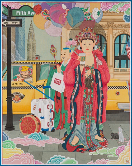 강민지, 자유여행 in New York, 2024, 비단에 진채, 72.7 × 90.9cm. 이미지 갤러리 그림손