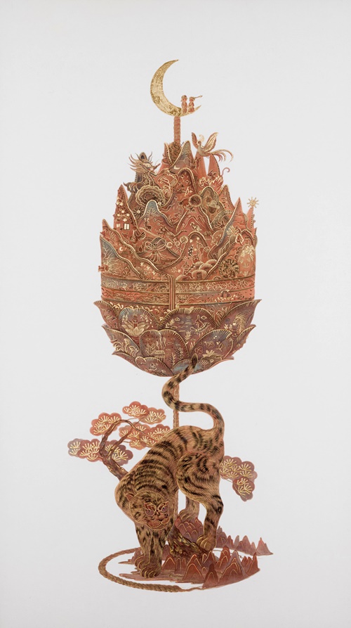 장미리, reborn-금동대향로, 2024, 비단에 진채, 55×97cm. 이미지 갤러리 그림손