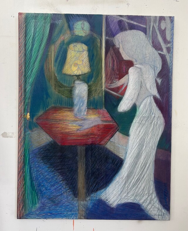 Oliver Pearce, Midnight at Coates, 2024, Acrylic and oil pastel on canvas, 100×60cm. 이미지 금산갤러리