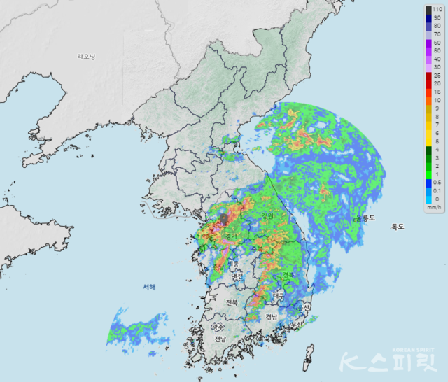 18일 14시 현재 강수현황. 사진 기상정 날씨누리 갈무리.
