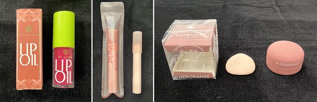 검출되지 말아야 할 황색포도상구균이 검출된 립스틱과 블러셔. 쉬인과 알리 판매 제품. 알리 판매 립스틱(가운데)는 내용량도 기준치에 미치지 못했다. 사진 서울시.
