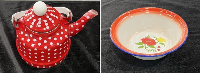 카드뮴이 17.7배 초과한 테무 판매 법랑주전자(왼쪽), 카드뮴 20.5배 초과 & 납 3.6배 초과한 알리 판매 법랑그릇. 사진 서울시.