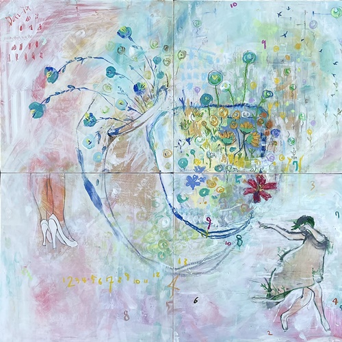 이은주 作, 《풀잎댄스》, 우드에 아크릴, 오일파스텔. “영화 ‘마더’ 속 엄마는 꽃 한 송이 피지 않은 풀잎 속에서 흥이 없는 새빨간 춤을 췄다. 참혹함과 위 대함을 동시에 지닌 엄마라는 존재의 곁으로 붉은 등불을 닮은 꽃들이 하염없이 피어오르고 있었다.” 이미지 무경계 예술살롱