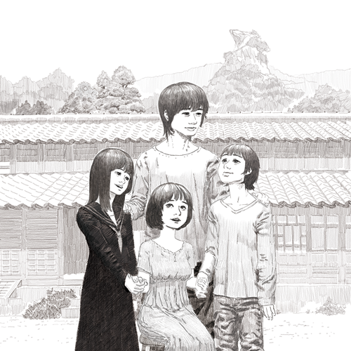 김민우 作, 《선물》“늑대아이의 아메처럼 나 또한 따뜻한 가족의 품으로부터 홀로 멀리 떠나왔다. 그럼에도 여전히 그리운 마음을 간직하고 있는 한 명의 아들인 나. 멋지게 가족을 키워낸 엄마 히나와 그 가족에게 찍을 수 없었던 가족사진을 선물로 바친다.” 이미지 무경계 예술살롱