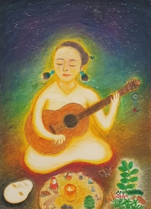 나비연 作, 《지금 이 순간 Re Born》“사랑해. 사랑해. 사랑해. 이거 영원할 것 같지만 언젠가 물거품처럼 사라질 거래. 그러니 이제 이상한 가면 그만 내려놓고, 나로 있자. 나로 살자. 진실을 노래하자!” 이미지 무경계 예술살롱