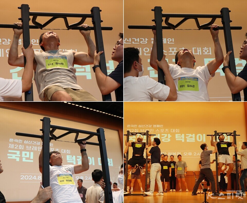 마지막까지 용을 쓰며 팔을 당기며 선전하는 국민턱걸이대회 선수들. 사진 강나리 기자, 하미진 기자.