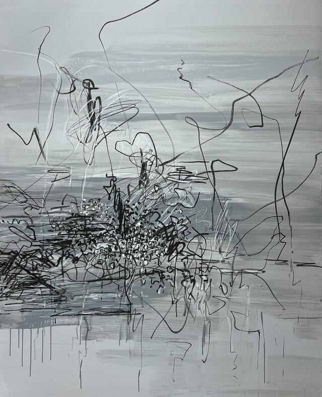 차명희, 비 개인 후, 2024, Acrylic, Charcoal on canvas, 162 × 130 cm. 이미지 금산갤러리