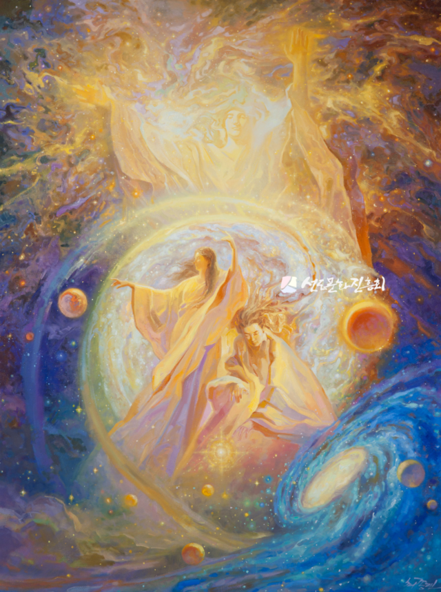 마고 창세신화. 지구어머니 마고와 두 딸 궁희, 소희. 사진 선도문화진흥회.