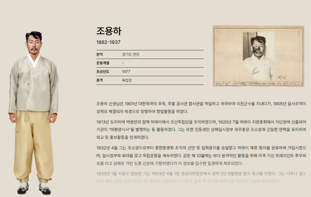 '처음 입는 광복' 캠페인 누리집에서 온전한 얼굴의 모습으로 복원된 조용하 지사. 사진 '처음 입는 광복' 캠페인 누리집 갈무리.