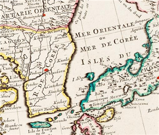 프랑스 지도학의 아버지, 기욤 드릴의 〈인도와 중국 지도〉 속 한반도와 동해 표기 부분. 사진 동북아역사재단.