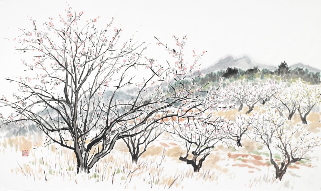 서면 매화밭에서, 2021, 수묵담채, 118x70cm. 이미지 갤러리그림손