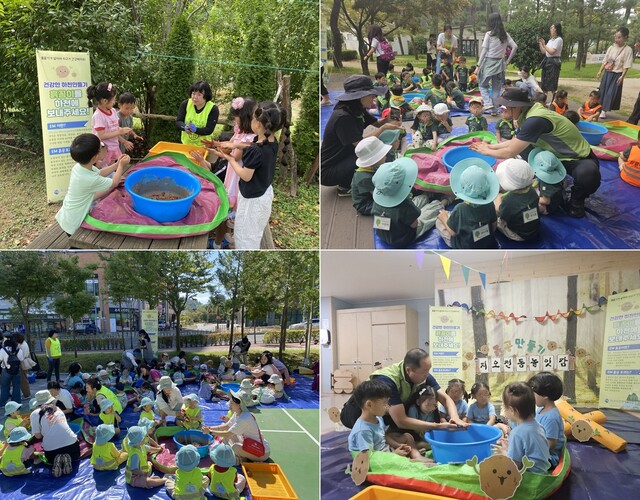 지구시민연합 경남지부는 지난 8월 말부터 6차에 걸쳐 진주시 구슬모음어린이집 원아들이 직접 EM흙공을 빚는 행사를 진행했다. 사진 지구시민연합 경남지부.