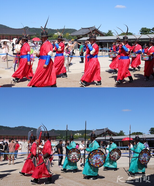 (위) 취타대의 음악에 맞춰 교대 수문군 입장. (아래) 활과 대도, 환도를 착용한 붉은 철릭의 갑사 뒤로 장창과 방패, 환도를 든 하늘빛 철릭의 대졸이 입장한다. 사진 강나리 기자.
