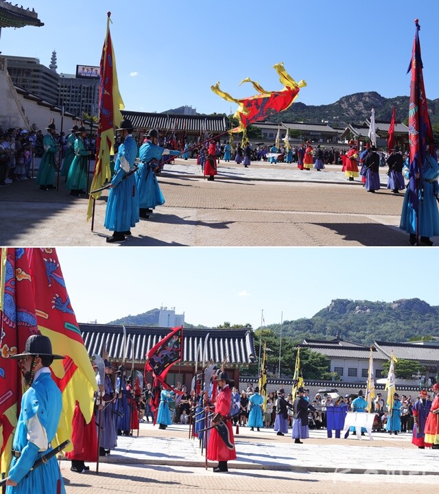 (위) 좌문 대졸들의 '이상없음'보고와 기수의 깃발신호. (아래) 우문 대졸들의 '이상없음' 보고와 기수의 깃발신호. 사진 강나리 기자.