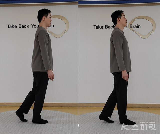 가슴과 허리를 편 상태에서 몸을 약간 앞쪽으로 기울이는 것이 좋다. (왼쪽) 브레인트레이닝 걸음법 (오른쪽) 일반적인 걸음걸이. 사진 본인제공.