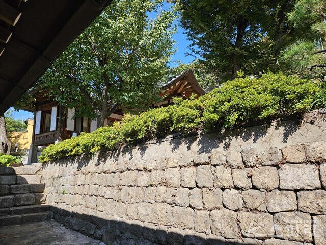 작은쉼터 갤러리에서 좀 더 들어가면 방송인 최화정이 살던 옛집을 살린 모두의갤러리 풍광을 즐길 수 있다. 툇마루에서 바라본 담위 사랑채. 사진 강나리 기자.