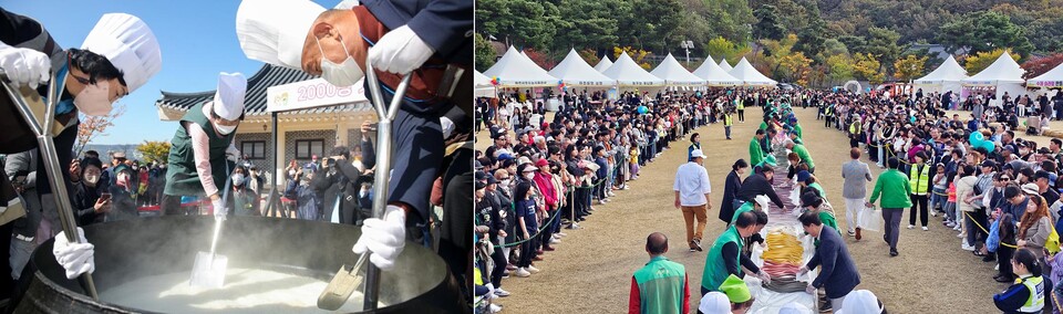 이천쌀문화축제 기간 중 매일 진행되는 '가마솥밥 이천명 이천원'(왼쪽), '무지개 가래떡' 행사. 사진 공식누리집 갈무리.