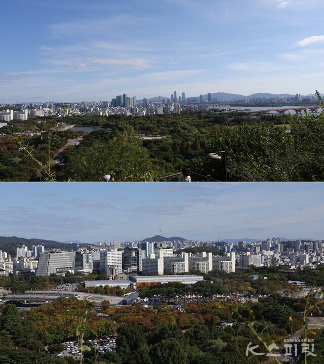 하늘공원을 오르는 하늘계단 끝에서 바라본 서울전경. (위) 여의도 방면 (아래) 남산타워 방면. 사진 강나리 기자.