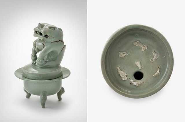 청자 사자형 뚜껑향로의 앞(왼쪽)과 뒤(오른쪽). 관람객의 관점을 새롭게 하는 전시가 다섯 번째 공간에서 펼쳐진다. 사진 국가유산청.