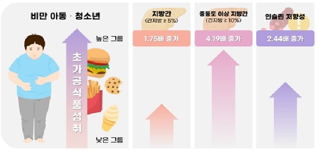 초가공식품 섭취 수준에 따른 대사이상 유병 위험. 이미지 질병관리청.