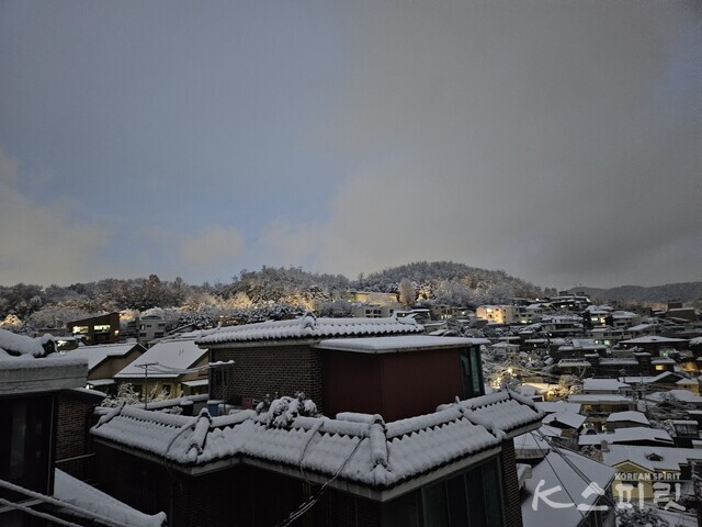 26일 밤 11시부터 내린 서울 경기지역의 첫눈. 기상관측소(서울 종로구 송월동)를 기준으로 작년보다 9일 늦었다. 사진 강나리 기자.