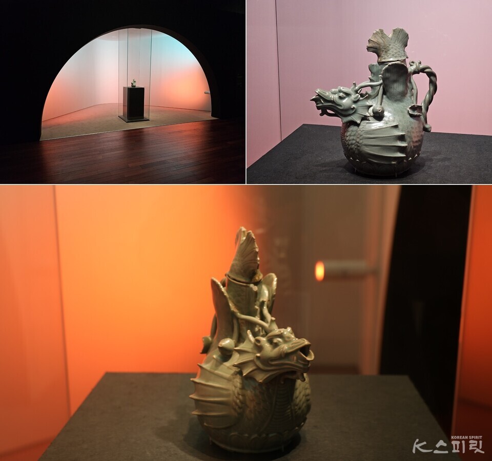 '청자 어룡모양 주자'의 전체 전시모습과 각 방향에서 본 모습. 입체적으로 세밀하게 관찰할 수 있다. 사진 강나리 기자.