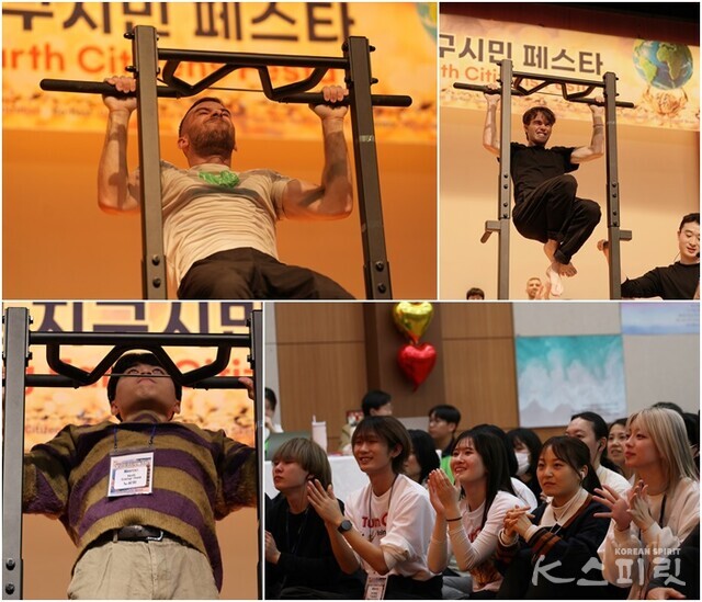 브레인스포츠 턱걸이 남자부 경연과 응원과 격려를 보내는 참가자들. 사진 강나리 하미진 기자.