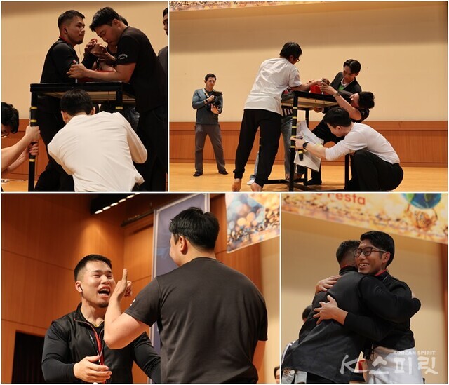 브레인턱걸이 남자부 경연. 경연을 마친 선수들은 서로 칭찬과 격려, 포옹을 했다. 사진 강나리 하미진 기자.