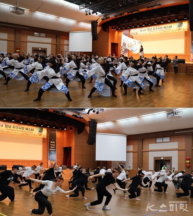 (위) 일본 청년 참가자들의 일본 전통춤 '요사코이'. (아래) 미국 청년 참가자들의 국학기공 공연. 사진 강나리 기자.