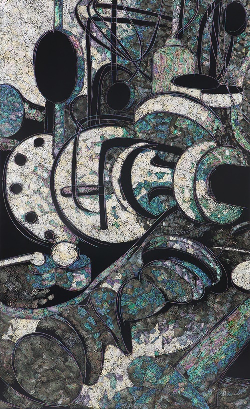 정직성, 202223,  2022, 자개, 혼합재료에 삼베, mother-of-pearl, hemp cloth on mixed media,  194×120(cm). 이미지 갤러리밈