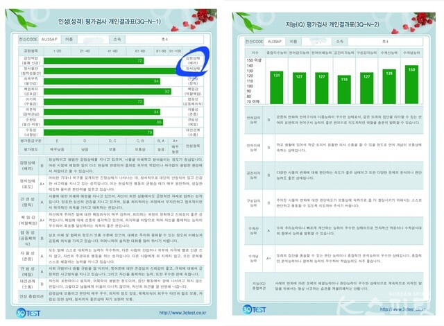 찬영이의 인적성검사 일부 결과지… 감정 상태 점수가 낮은 편. 사진 BR뇌교육 이효심 원장.