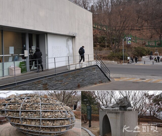 청운문학도서관 가는 길 윤동주문학관(위)을 지나 도서관 가는 길 인근 조형물. 아래 왼쪽은 '인왕산에서 굴러온 바위'라는 작품으로 시민들의 소망을 쌓아 자라나는 작품, 오른쪽은 종로구 작가 성선옥가 인왕산의 상징 호랑이를 테마로 한 작품 '문화강국 호랑이'. 사진 강나리 기자.