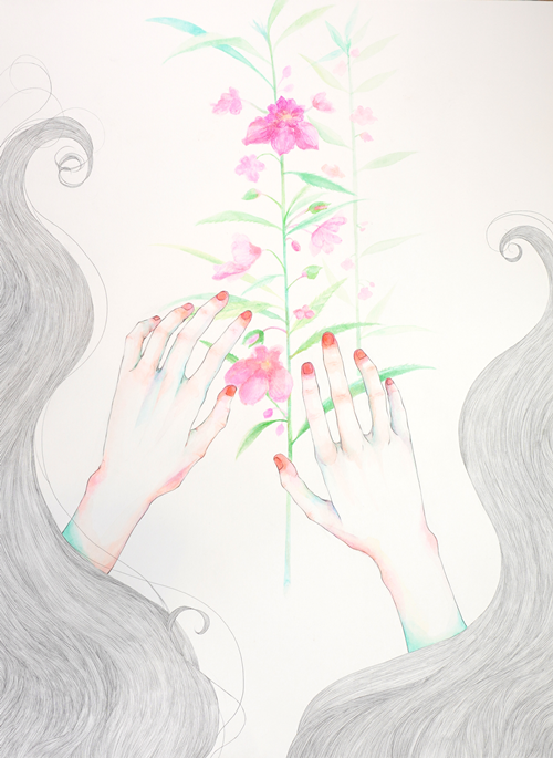 하루, 봉선화, 2023, 판넬에 아크릴, 연필, 72.7×53.0 cm. 이미지 갤러리5