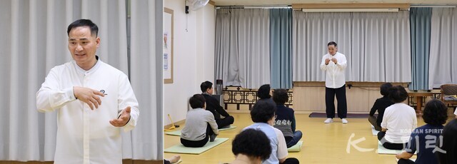 7차크라와 3단전의 중심 가슴을 여는 것의 중요성, 뇌건강과의 관계를 설명하는 곽도윤 원장. 사진 강나리 기자.