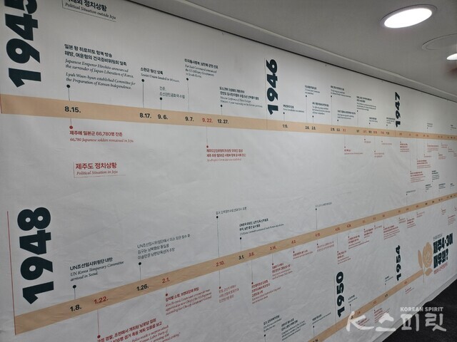 제주 4.3사건의 전개 상황과 당시 한국 정치 상황을 한 눈에 알아볼 수 있도록 설치한 전시물. 사진 강나리 기자.