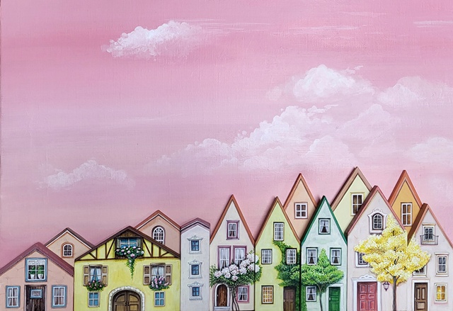 지유라,  봄에 만난 집, 2024, acrylic on wood, 60.9x41cm. 이미지 갤러리AN