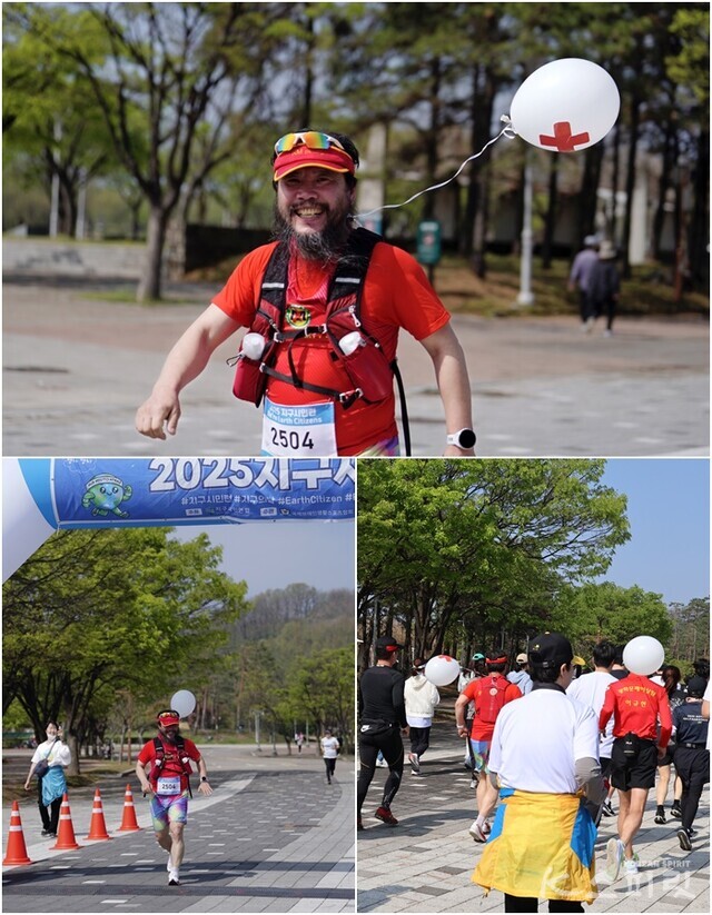 각종 대회에서 페이스메이커 역할을 맡아 선수들을 돕는 광화문 페이싱 팀 선수들이 하얀 풍선을 달고 선수들의 전후 좌우에서 활약했다. 사진 강나리 기자 하미진 기자.