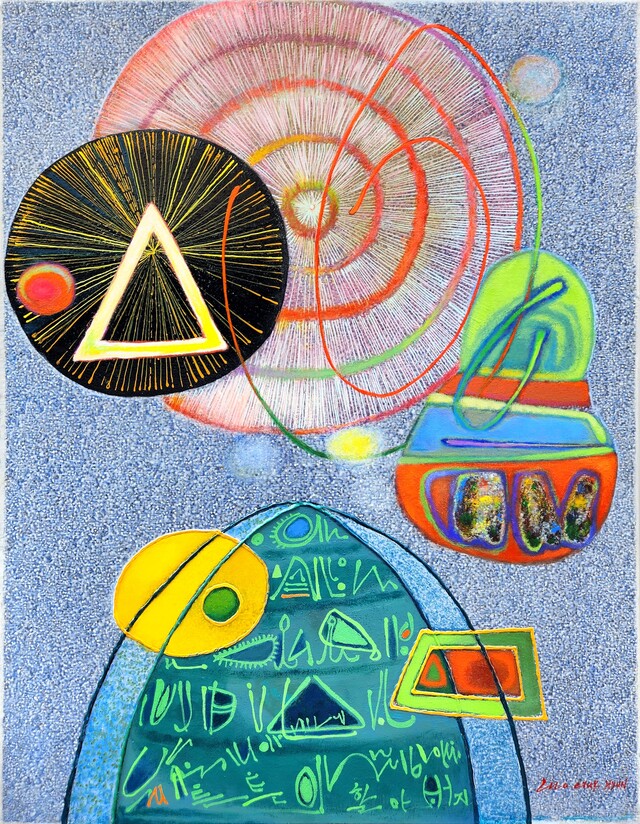 조국현 화백(畵伯)의 2025년 첫 번째 작품 ‘선율(Melody / 旋律)이 같이 하는 A'. 116.8 x 91cm / 캔버스 50호 F 사이즈, 캔버스에 혼합재료. 사진 갤러리 B.O.S