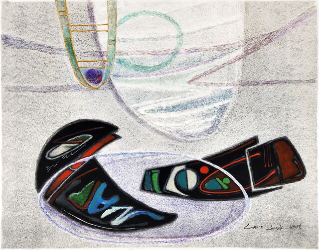 조국현 화백(畵伯)의 2025년 다섯 번째 작품 ‘선율과 바람 Ⅰ (Melody and Wind Ⅰ, 旋律與風 Ⅰ), 마치 삶이라는 선율이 그네를 타듯, 하늘로부터 불어오는 바람과의 조화와 평화가 느껴지는 작품. 사진 갤러리 B.O.S