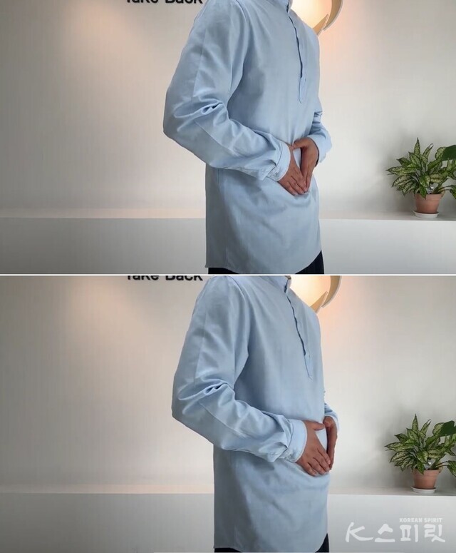 (위) 배를 당길 때는 복부에 힘을 빼고 등을 향해 말아준다. (아래) 배를 내밀 때는 복압이 살짝 느껴질 정도로 내민다. 사진 박우혁 브레인트레이너.